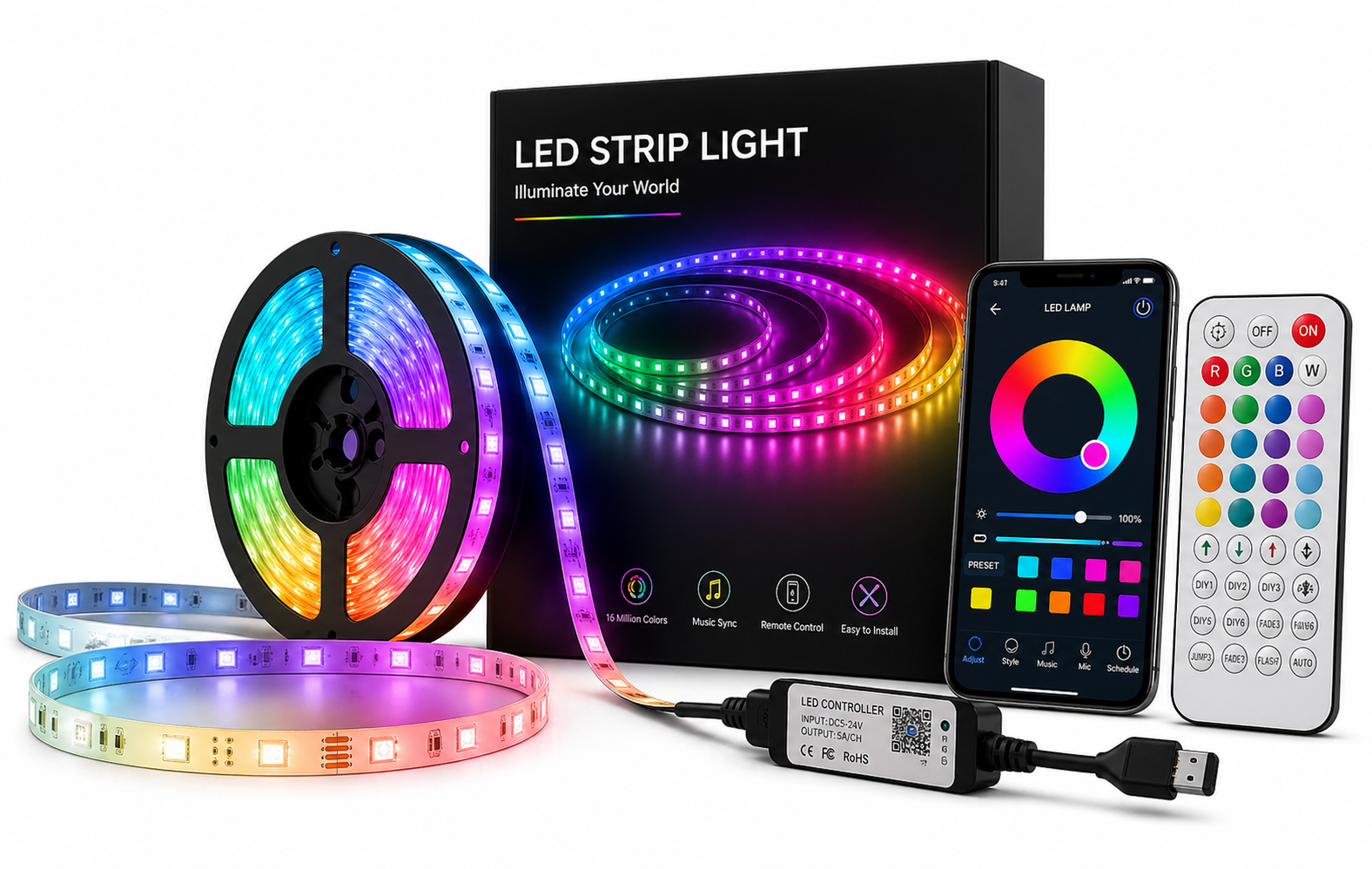 Smart RGB LED Strip Lights - App & Remote Control, Music sync, 16M Colors